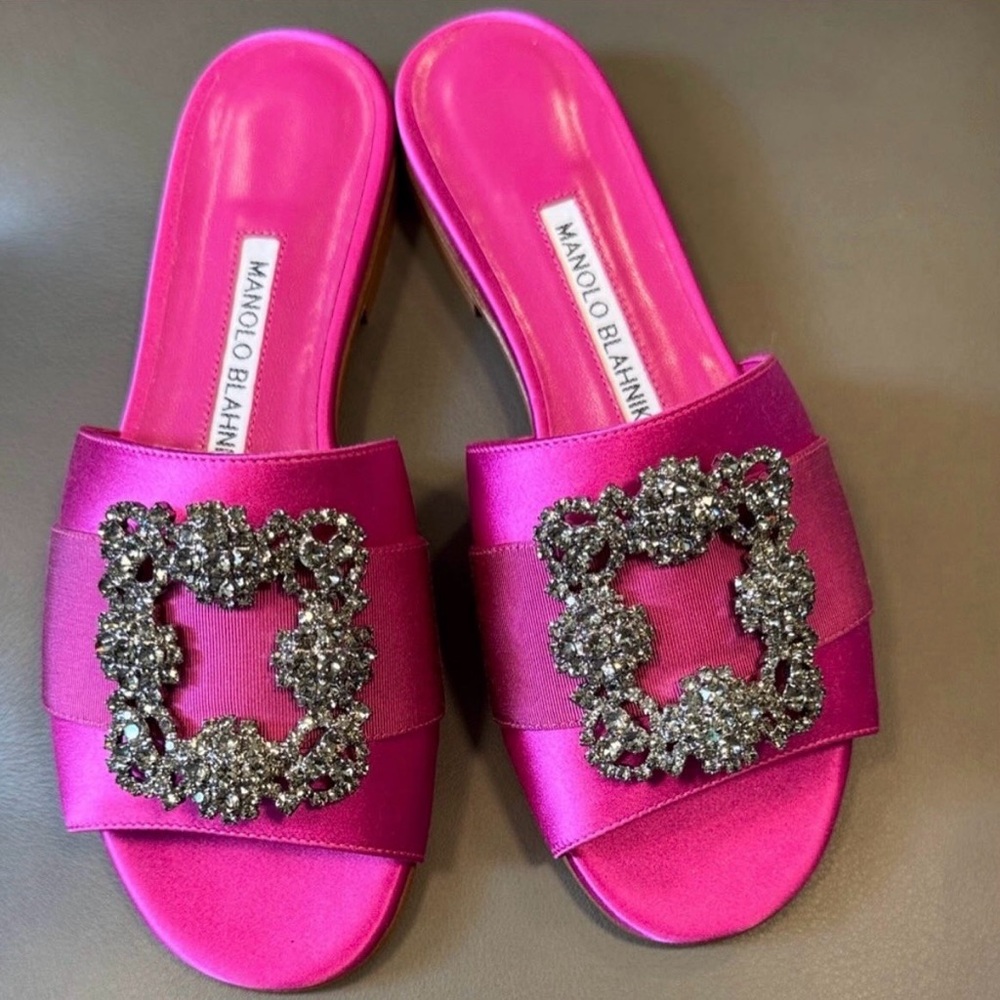 Manolo Blahnik Pink Satin Slides with Silver Embellishments